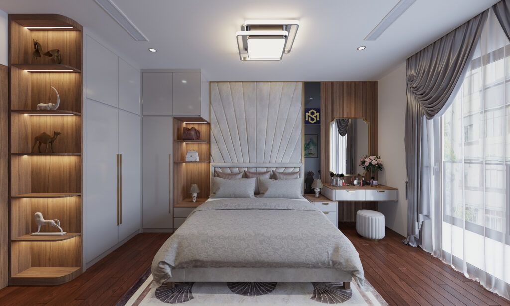 Phòng ngủ hiện đại với tủ quần áo âm tường và kệ đựng đồ decor