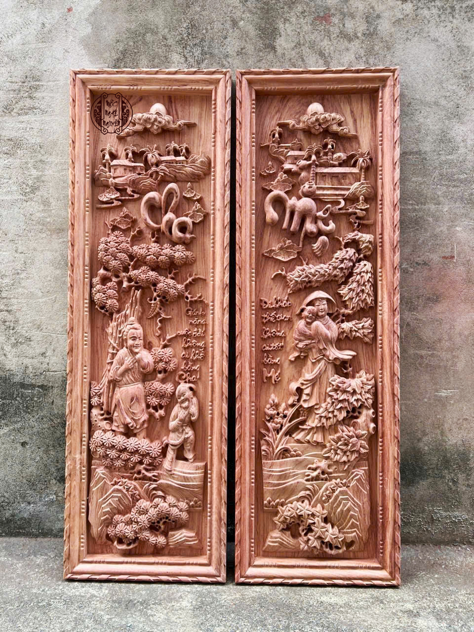 Tranh cha mẹ gỗ hương đá mộc