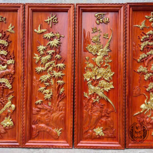 Tranh Tứ Quý gỗ Hương Đỏ kích thước 107x37x4 cm (Dát Vàng)