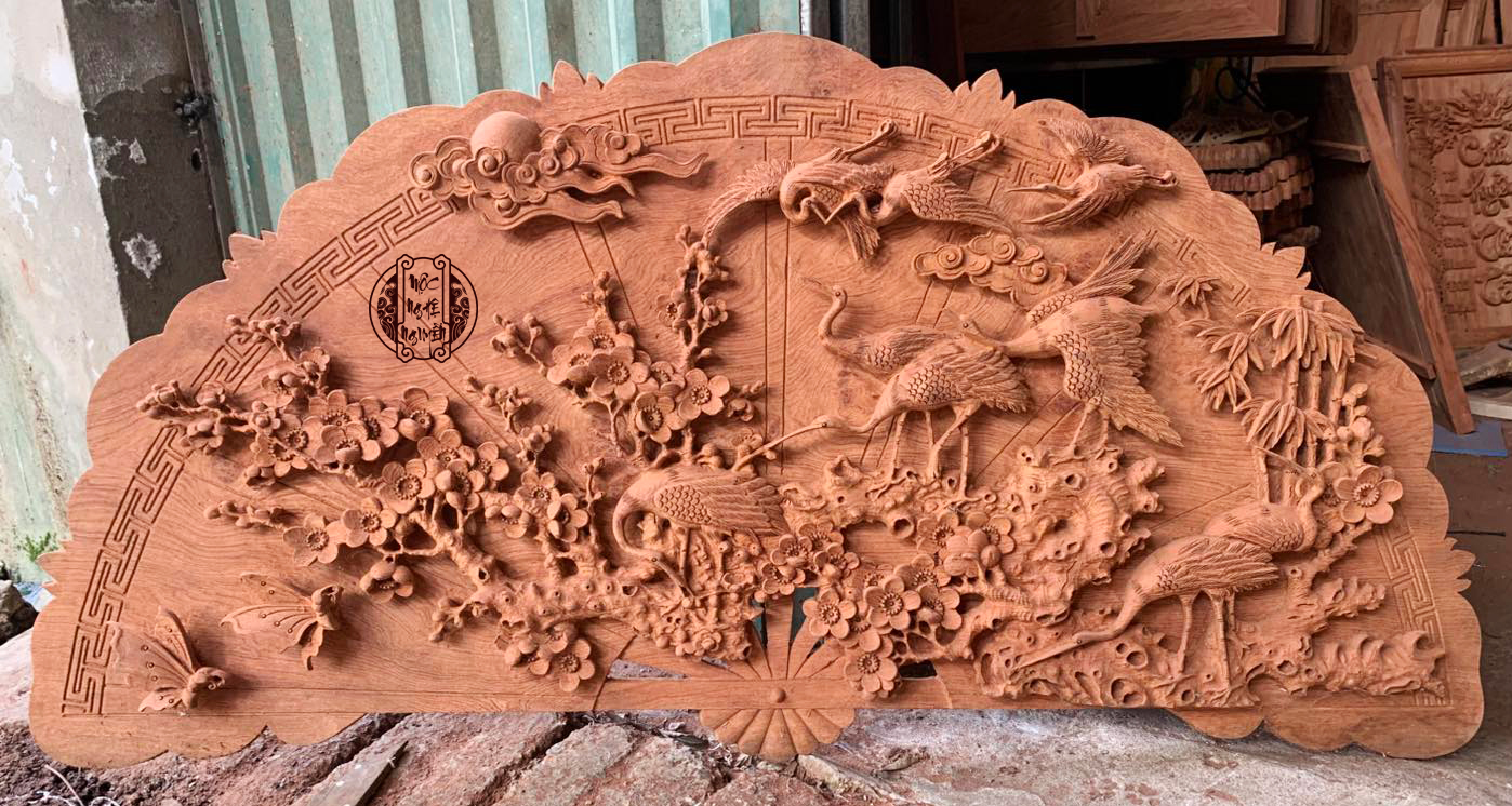 Tanh quạt tùng hạc diên niên gỗ hương đá 1