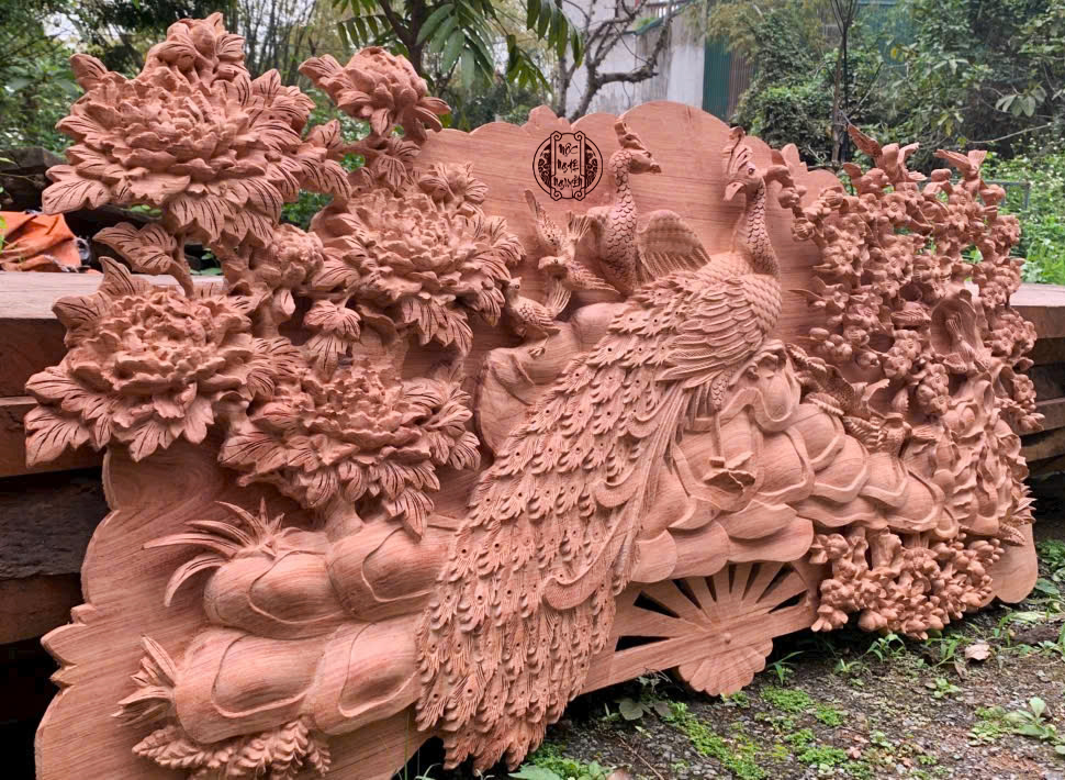 tranh quạt phu thê viên mãn gỗ hương đá đục kênh bong 1