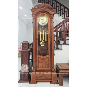 Đồng Hồ Cây Mẫu Cột Vòm Hoa Lá Tây 2 Gỗ Hương Đá Kích Thước 220x70x35 cm
