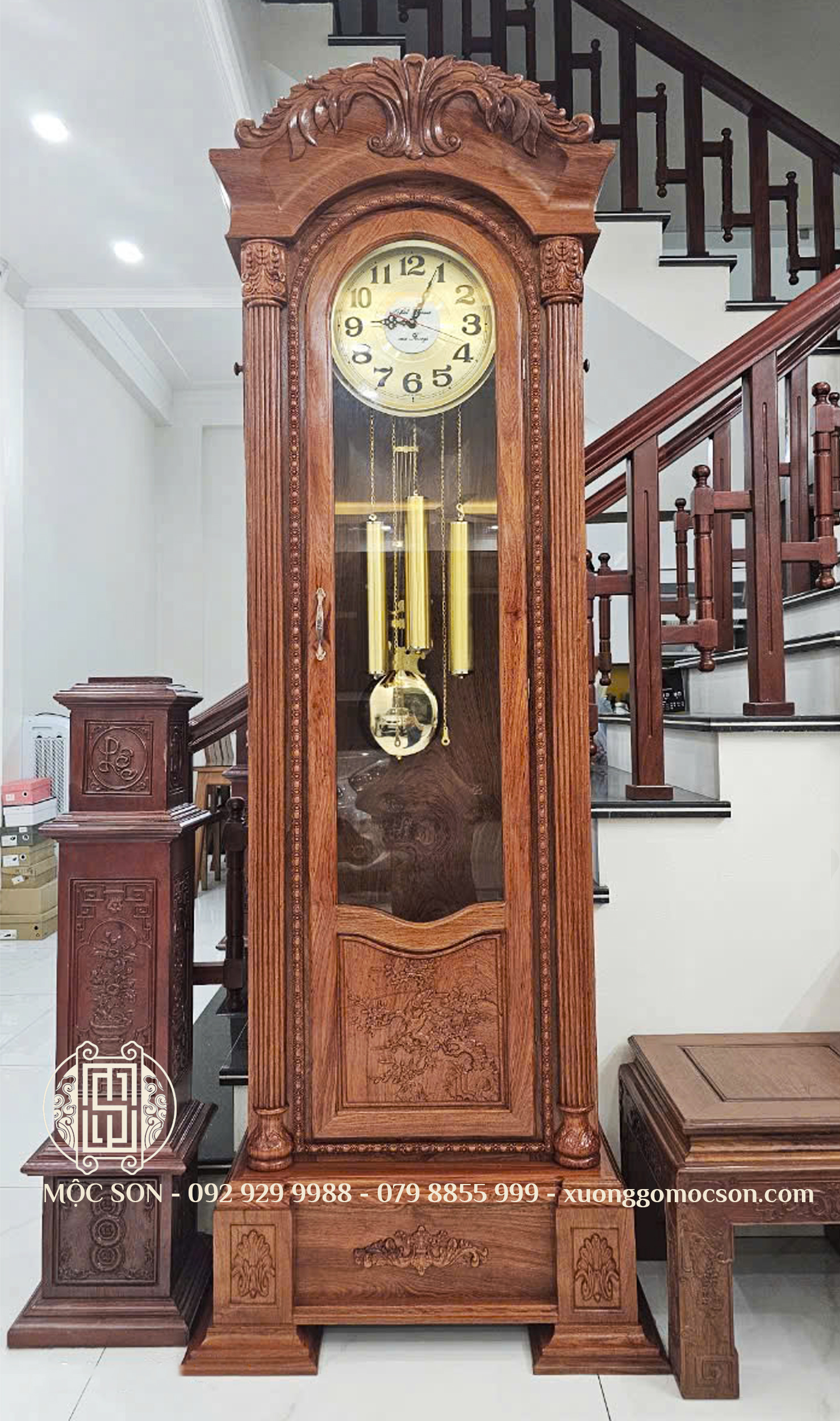 Đồng Hồ Cây Mẫu Cột Vòm Hoa Lá Tây gỗ Hương đá