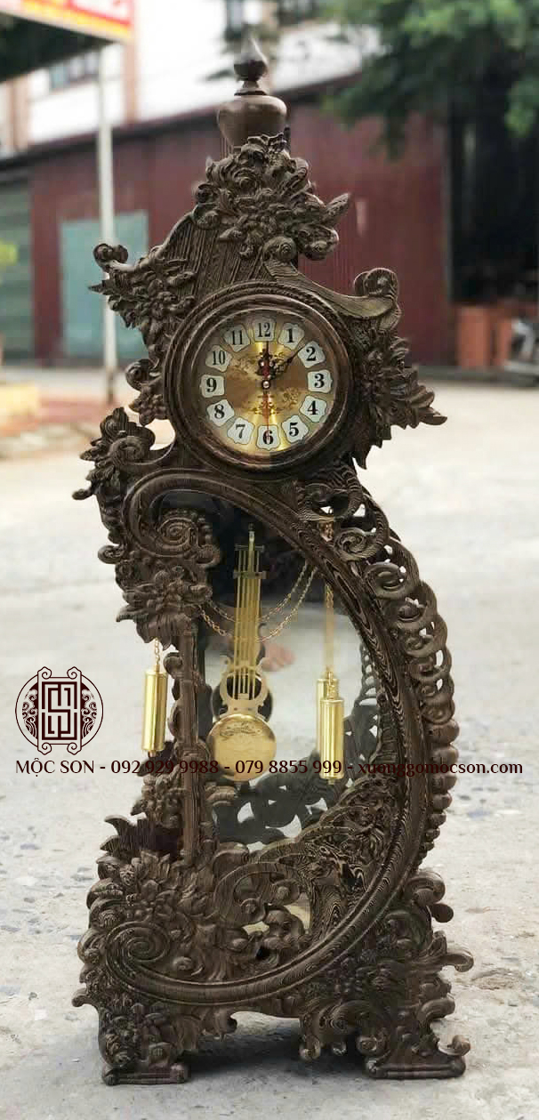 Đồng hồ cây mẫu hoa mẫu đơn gỗ Mun Đuôi Công