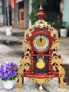 đồng hồ để bàn gỗ hương đá dát vàng